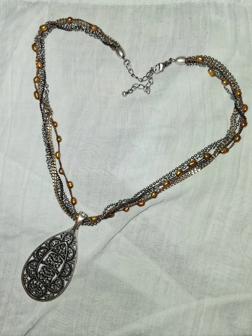 Premier Designs Silver Filigree Teardrop Necklace with Gold Bead Accents - Picture 4 of 4